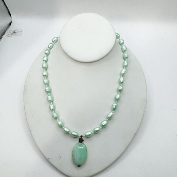Green Nugget Baroque Pearl Necklace With Amazonite Pendant Sterling Silver 18” - Picture 2 of 15